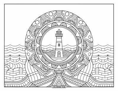 Coloriage de phare pour adultes : Un phare se fond dans un mandala circulaire avec des motifs nautiques complexes et des vagues océaniques
