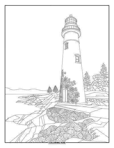 Coloriage de phare pour adultes : Une entrée de phare est ornée de motifs floraux complexes, se dressant contre des collines et des arbres