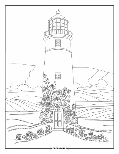 Coloriage de phare pour adultes : L'entrée d'un phare est encadrée d'élégants motifs floraux sur une côte rocheuse