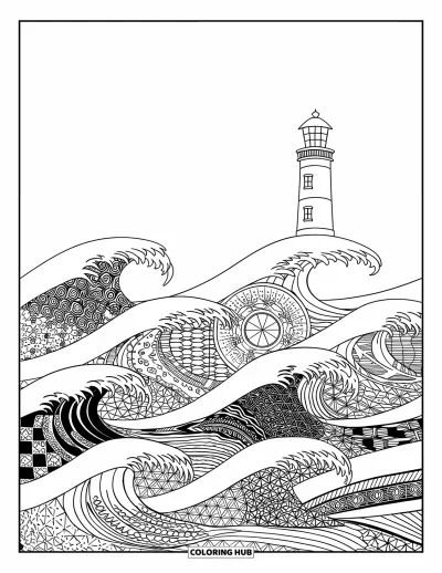 Coloriage de phare pour adultes : Un phare flotte sur une mer de vagues à motifs sous un ciel étoilé