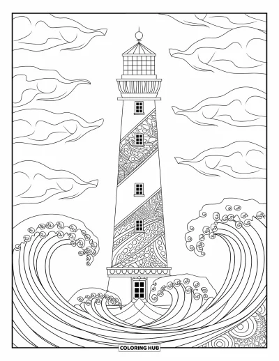 Coloriage de phare pour adultes : Un phare est recouvert de motifs complexes, entouré de vagues océaniques tourbillonnantes