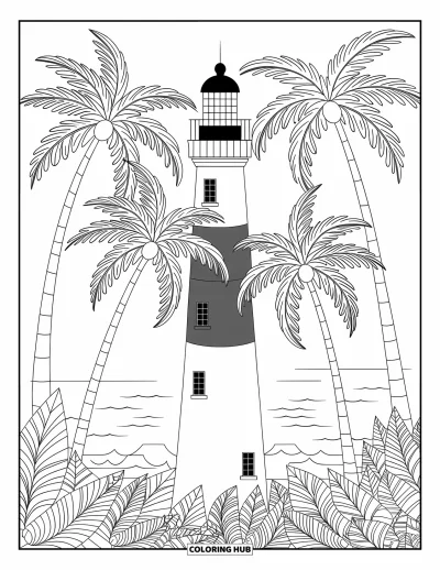 Coloriage de phare pour adultes : Un phare est niché parmi d'imposants palmiers avec des feuilles tropicales détaillées
