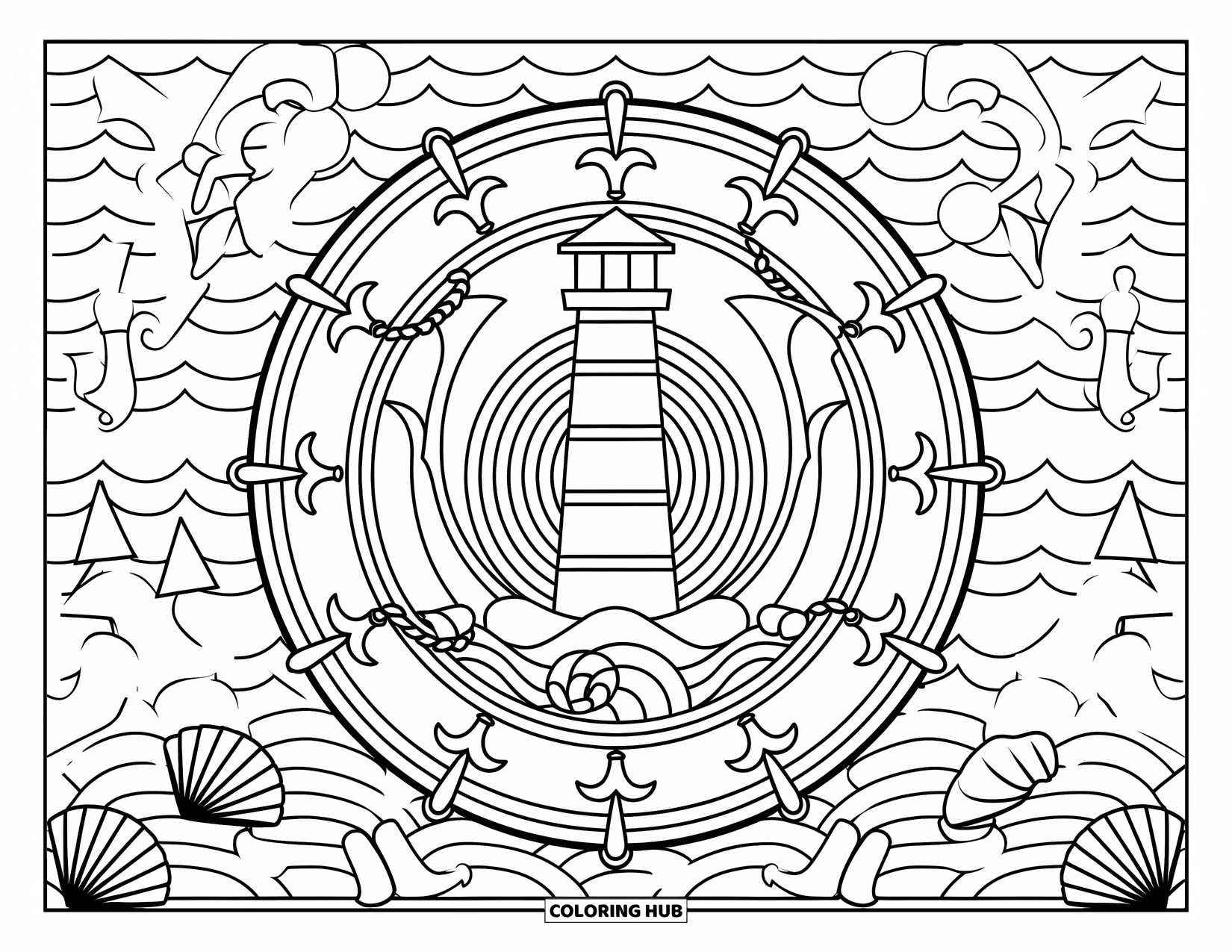 Lighthouse Coloring Page for Adults: A lighthouse is surrounded by a mandala filled with nautical elements like anchors and ropes