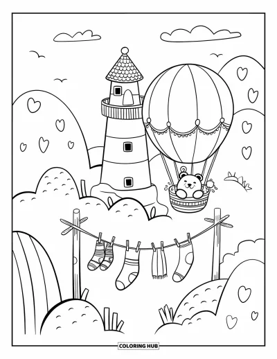 Coloriage de phare pour adultes : Un phare se niche entre les collines alors qu'une petite montgolfière avec un ours qui fait signe dérive