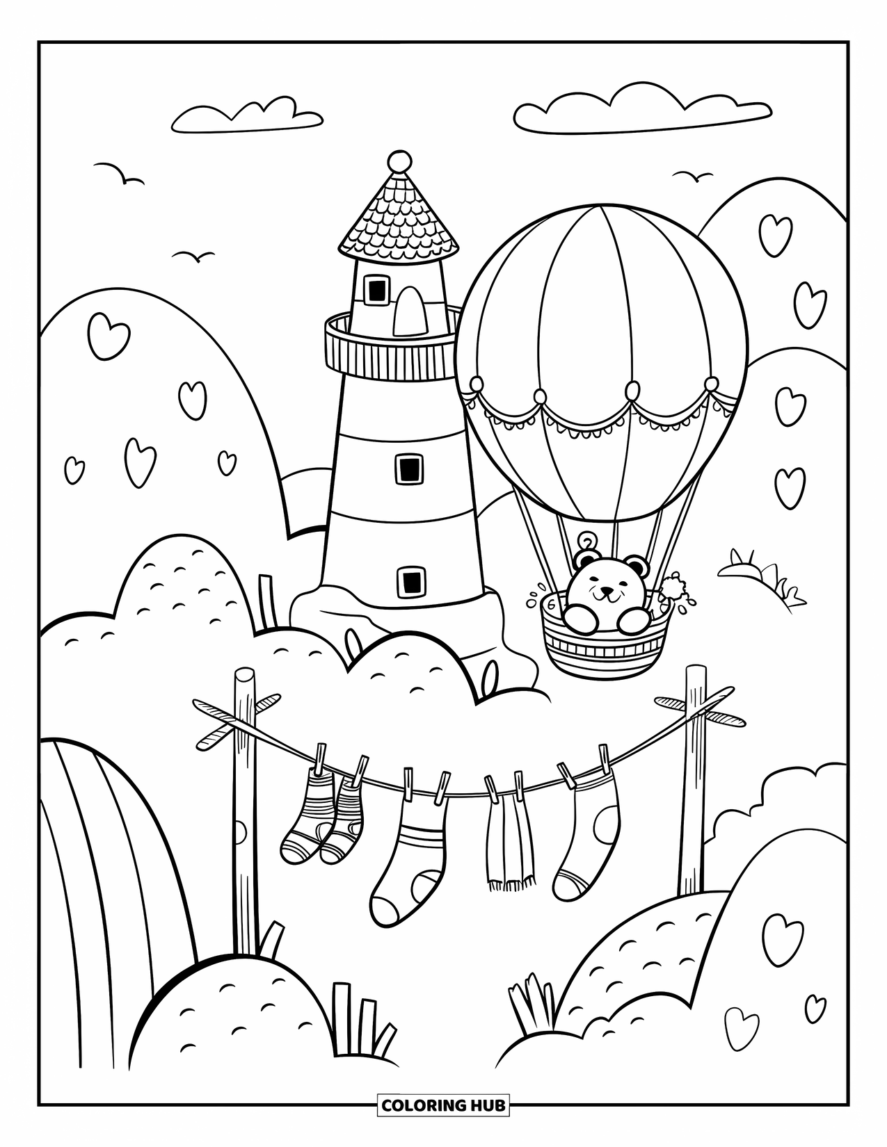 Lighthouse Coloring Page for Adults: A lighthouse nestles between hills as a small hot air balloon with a waving bear drifts by