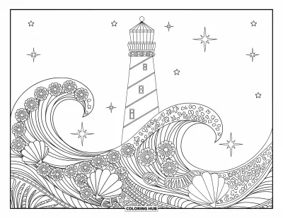 Coloriage de phare pour adultes : Un phare s'élève au-dessus de vagues à motifs sous un ciel clair avec des étoiles scintillantes