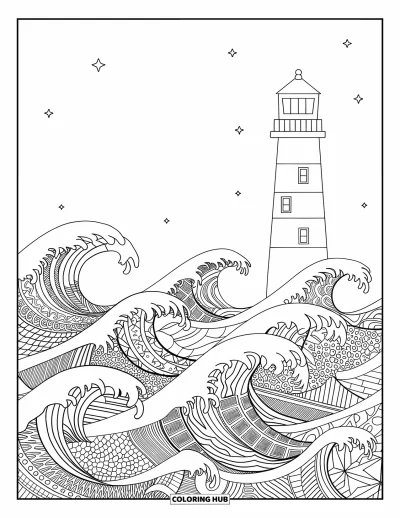 Coloriage de phare pour adultes : Un phare s'élève au-dessus de vagues à motifs, chacune remplie de motifs complexes uniques