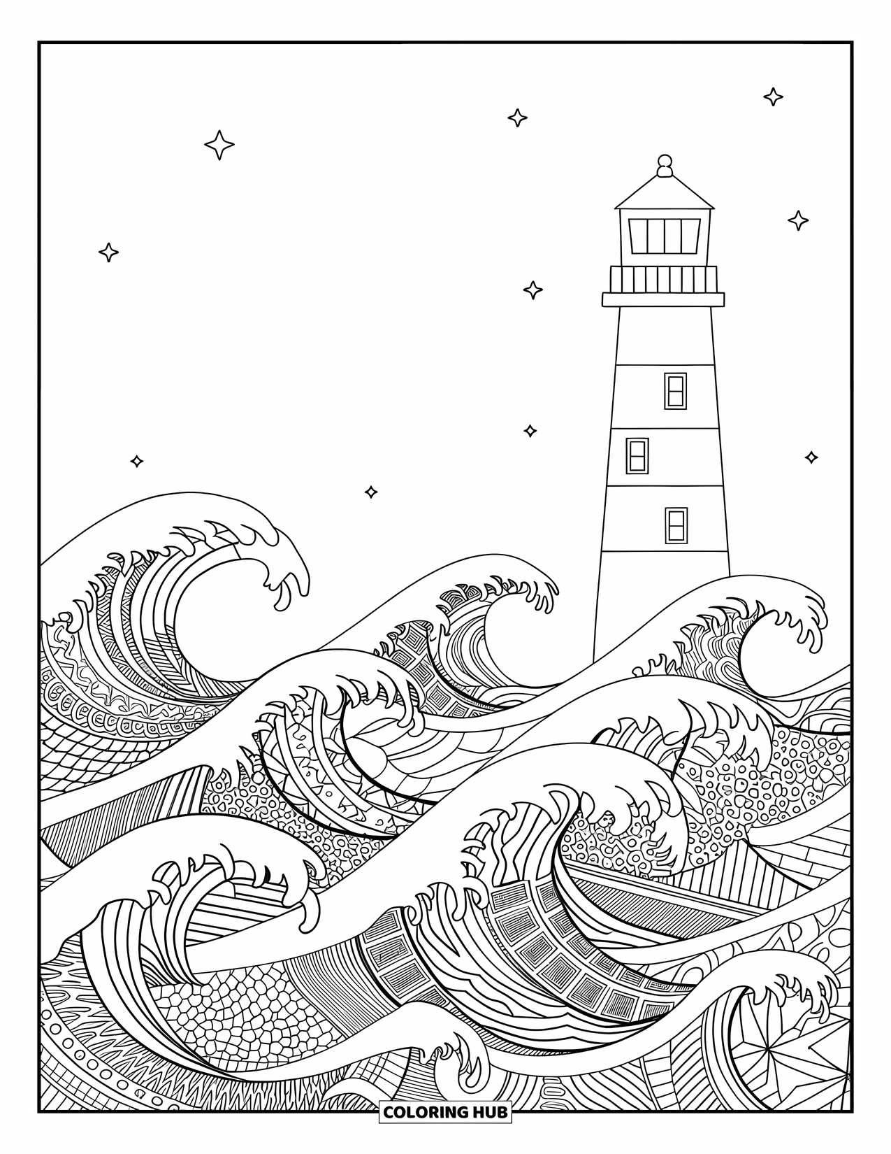 Lighthouse Coloring Page for Adults: A lighthouse rises over patterned waves, each filled with unique intricate designs