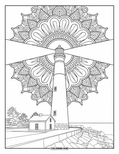 Coloriage de phare pour adultes : Un phare brille tandis que ses faisceaux forment des motifs de mandala détaillés sur fond d'océan calme