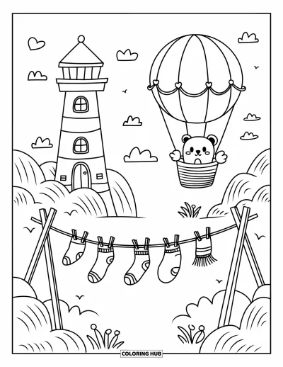 Coloriage de phare pour adultes : Un phare se trouve sur une colline tandis qu'un ours chibi fait signe depuis une montgolfière flottante