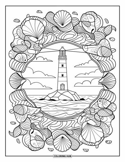 Coloriage de phare pour adultes : Un phare se trouve sur un rocher, encadré par des motifs de mandala tourbillonnants de coquillages et de vagues