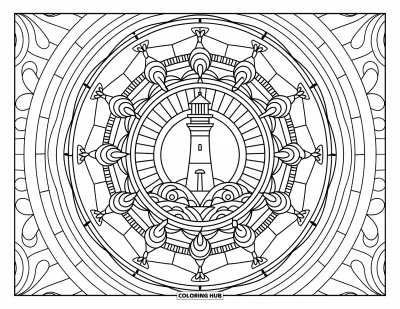 Coloriage de phare pour adultes : Un phare se dresse au centre d'un mandala détaillé avec des motifs sur le thème nautique
