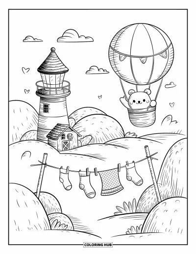 Coloriage de phare pour adultes : Un phare se dresse dans un paysage venteux alors qu'un petit ours fait signe depuis une montgolfière à la dérive