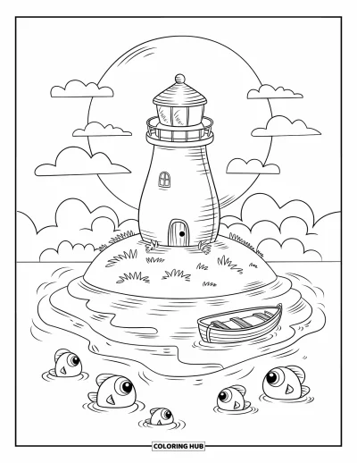 Coloriage de phare pour adultes : Un phare se dresse sur une île paisible, avec une lune douce au-dessus et des poissons qui jettent un coup d'œil depuis les vagues