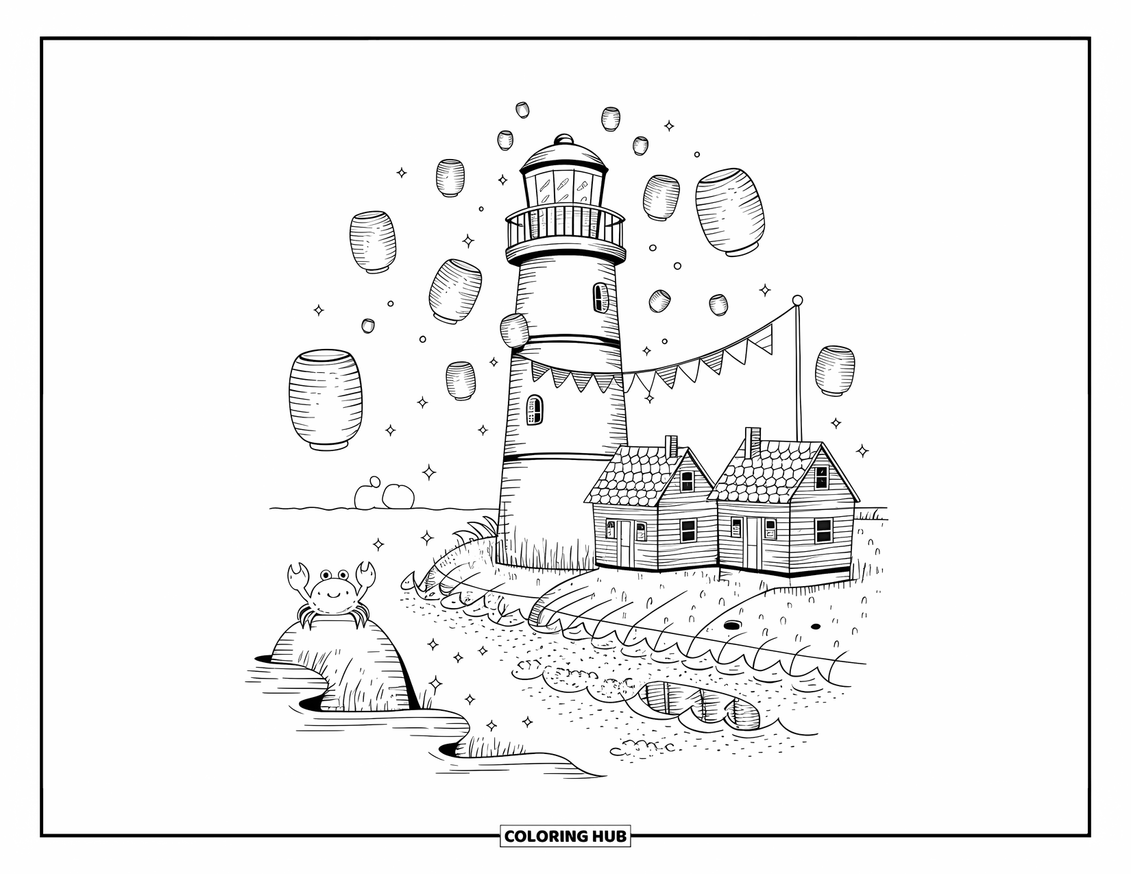 Lighthouse Coloring Page for Adults: A lighthouse stands on a quiet shore, surrounded by drifting lanterns and a watching crab