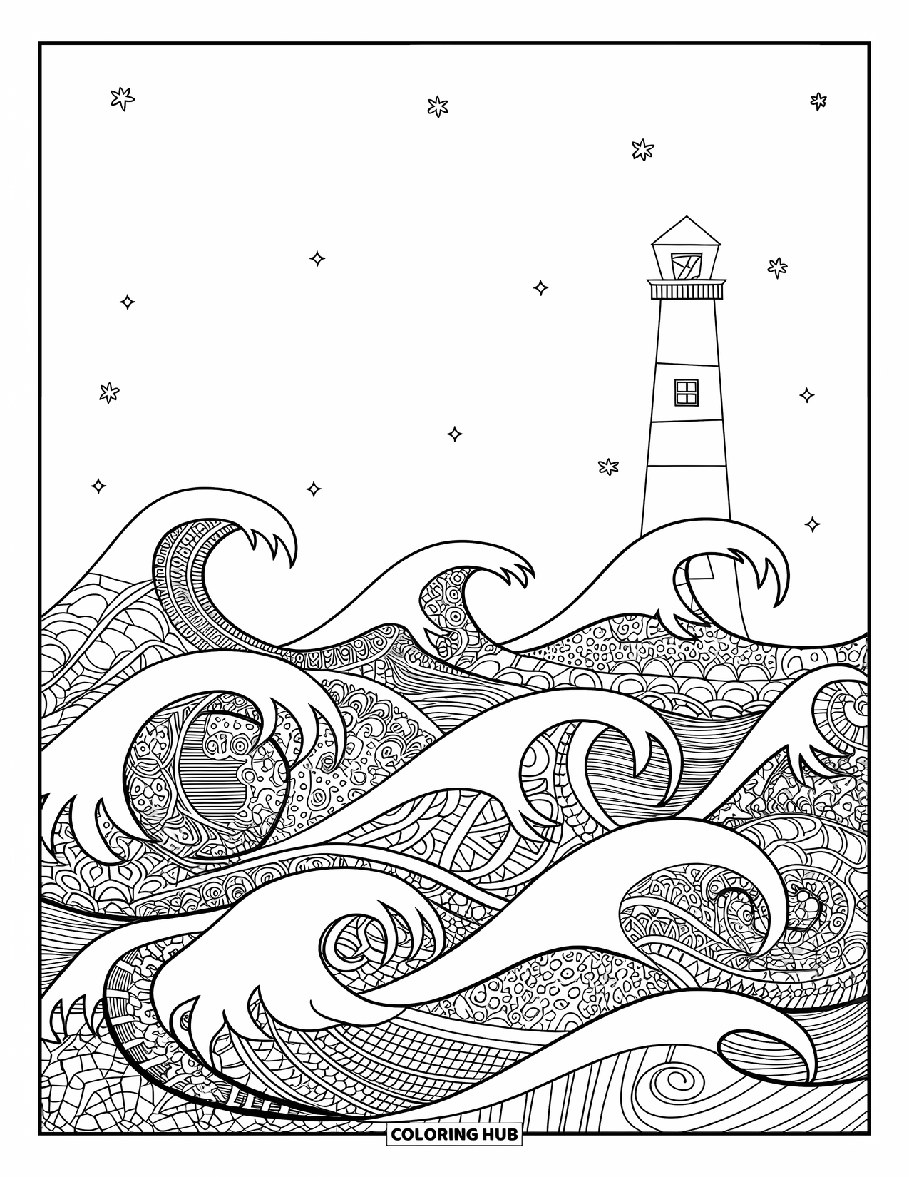 Lighthouse Coloring Page for Adults: A lighthouse stands on an ocean of swirling, mosaic-like wave patterns