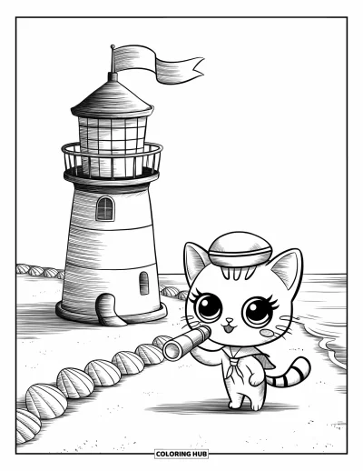 Coloriage de phare pour adultes : Un phare se dresse sur le rivage alors qu'un minuscule chat marin, portant un chapeau, regarde à travers un télescope