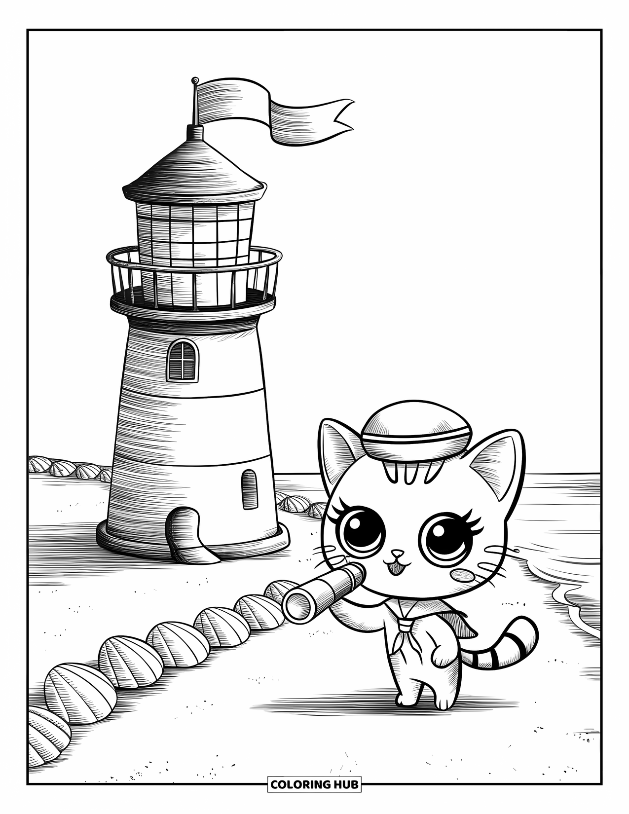 Lighthouse Coloring Page for Adults: A lighthouse stands on the shore as a tiny sailor cat, wearing a hat, looks through a telescope