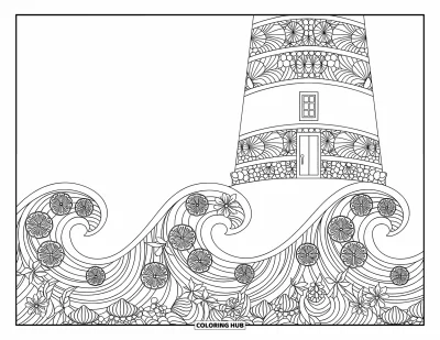 Coloriage de phare pour adultes : Un phare se dresse sur des vagues décorées de motifs floraux, cachemire et en forme de coquillage