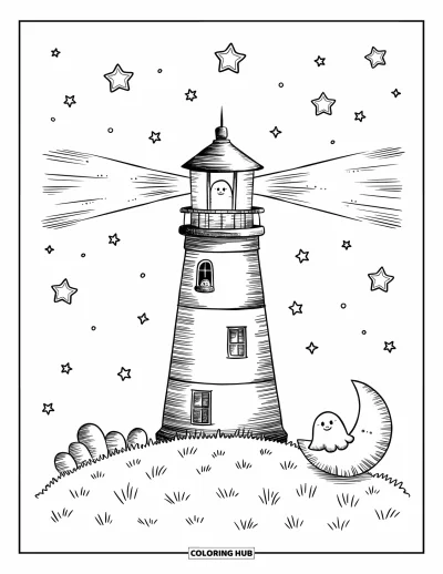 Coloriage de phare pour adultes : Un phare se dresse sous un ciel rêveur, avec un petit fantôme qui jette un coup d'œil et tient une lanterne
