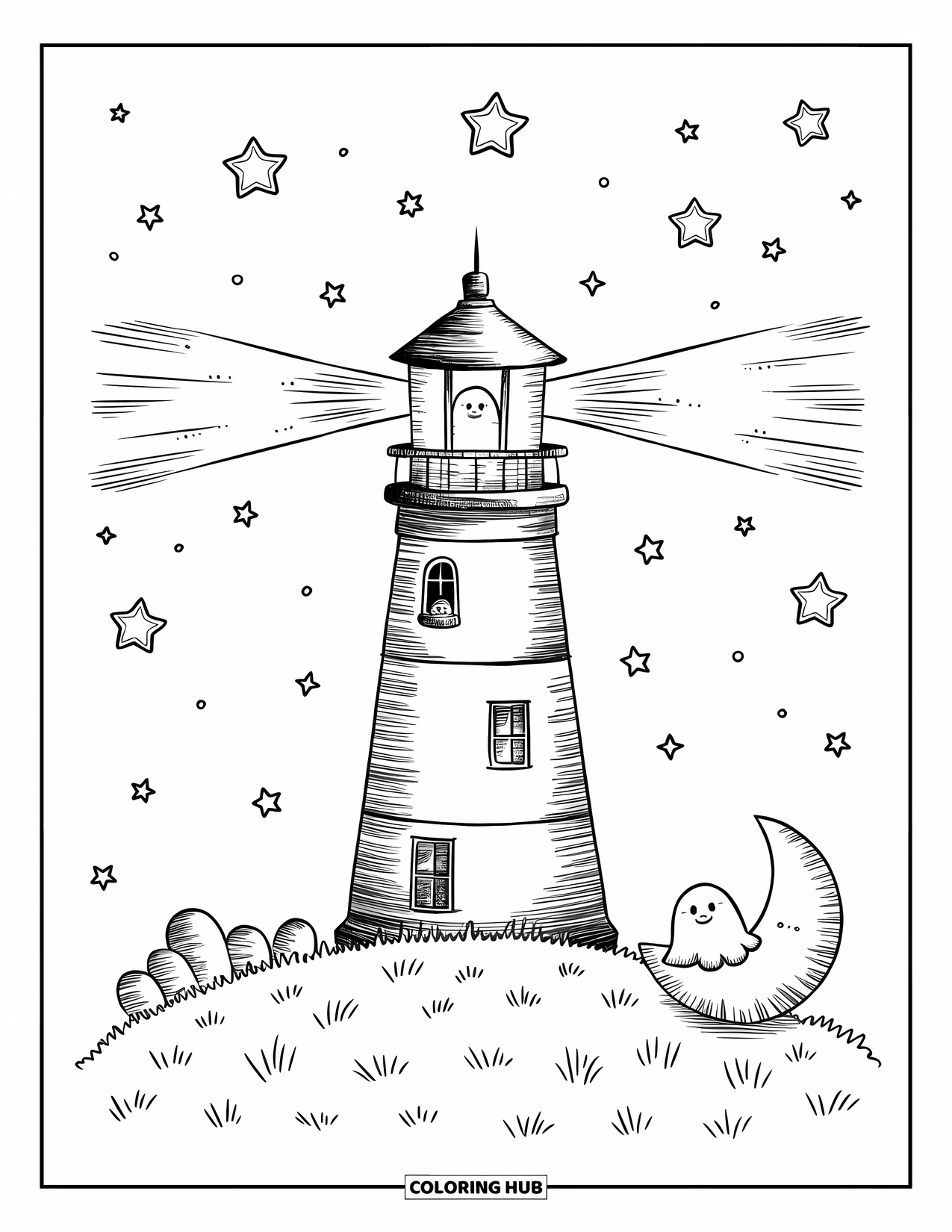 Lighthouse Coloring Page for Adults: A lighthouse stands under a dreamy sky, with a tiny ghost peeking out holding a lantern