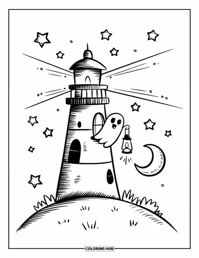 Coloriage de phare pour adultes : Un phare se dresse sous des étoiles flottantes, avec un petit fantôme qui jette un coup d'œil et tient une lanterne