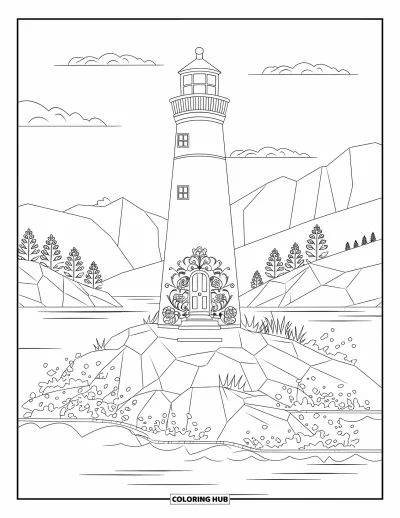 Coloriage de phare pour adultes : Un phare se dresse avec des motifs floraux autour de son entrée, surplombant un paysage marin paisible