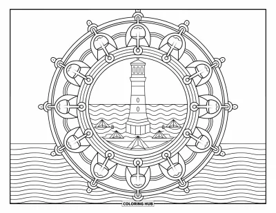 Coloriage de phare pour adultes : Un phare se dresse dans un mandala, entouré d'ancres, de navires et de vagues océaniques tourbillonnantes