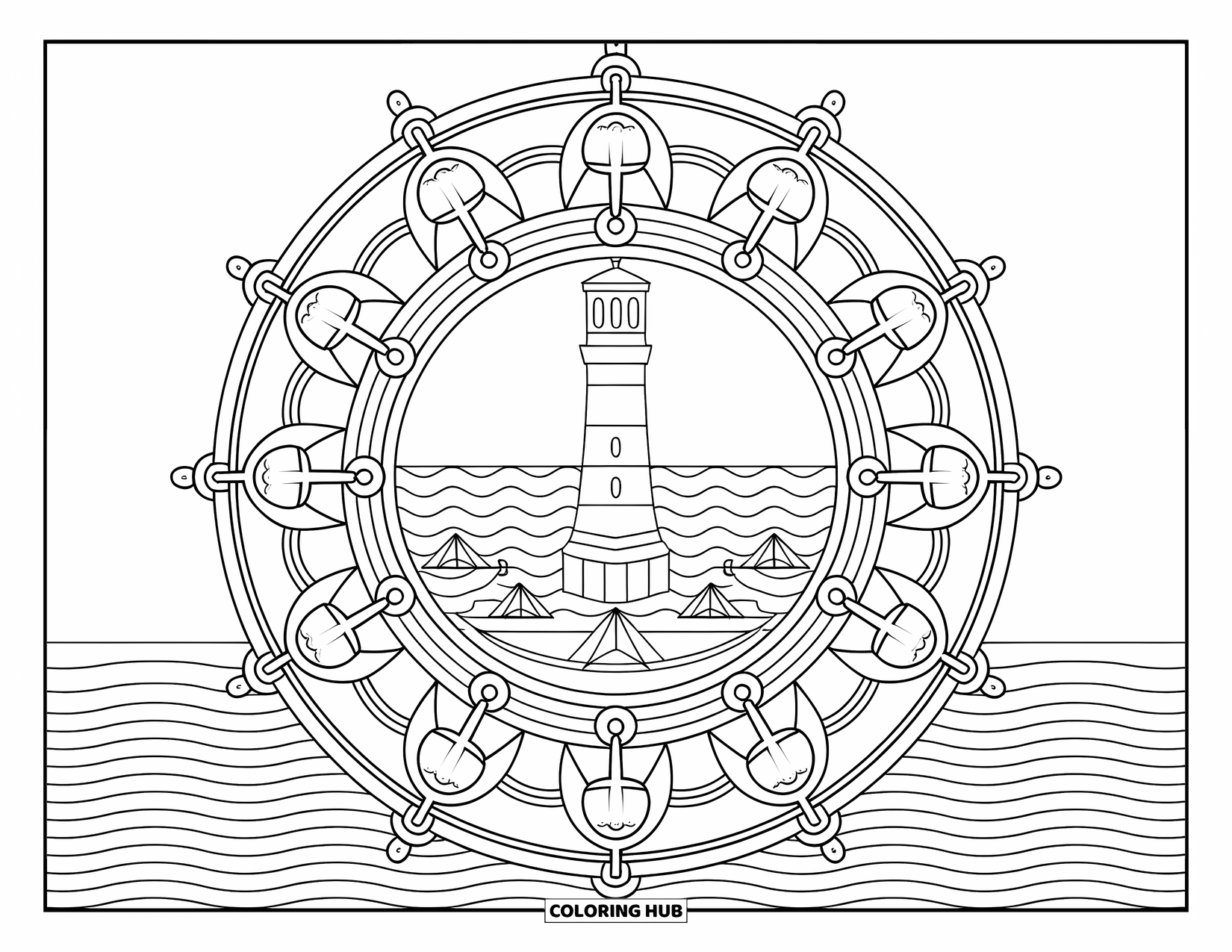 Lighthouse Coloring Page for Adults: A lighthouse stands within a mandala, surrounded by anchors, ships, and swirling ocean waves