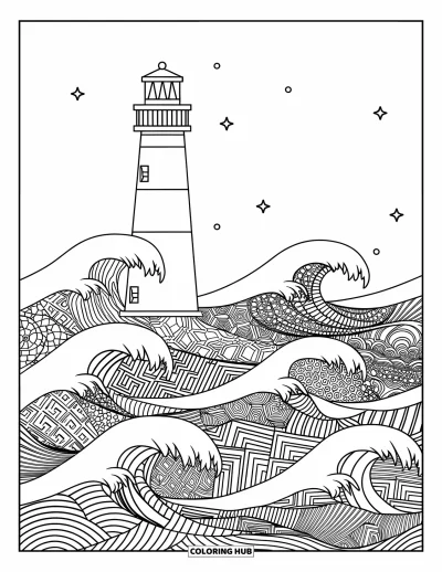 Coloriage de phare pour adultes : Un phare domine des vagues stylisées, chacune remplie de motifs décoratifs distincts