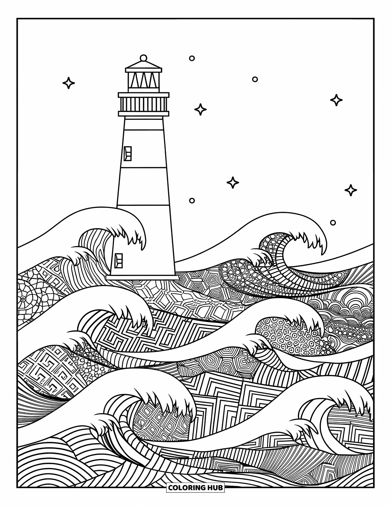 Lighthouse Coloring Page for Adults: A lighthouse towers above stylized waves, each filled with distinct decorative patterns