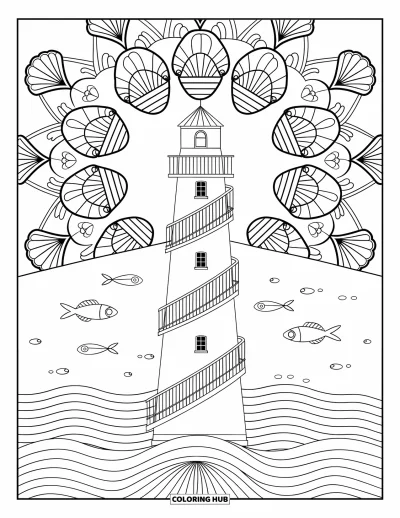 Coloriage de phare pour adultes : Un phare avec un escalier en colimaçon se dresse au milieu d'un mandala détaillé de motifs inspirés de l'océan