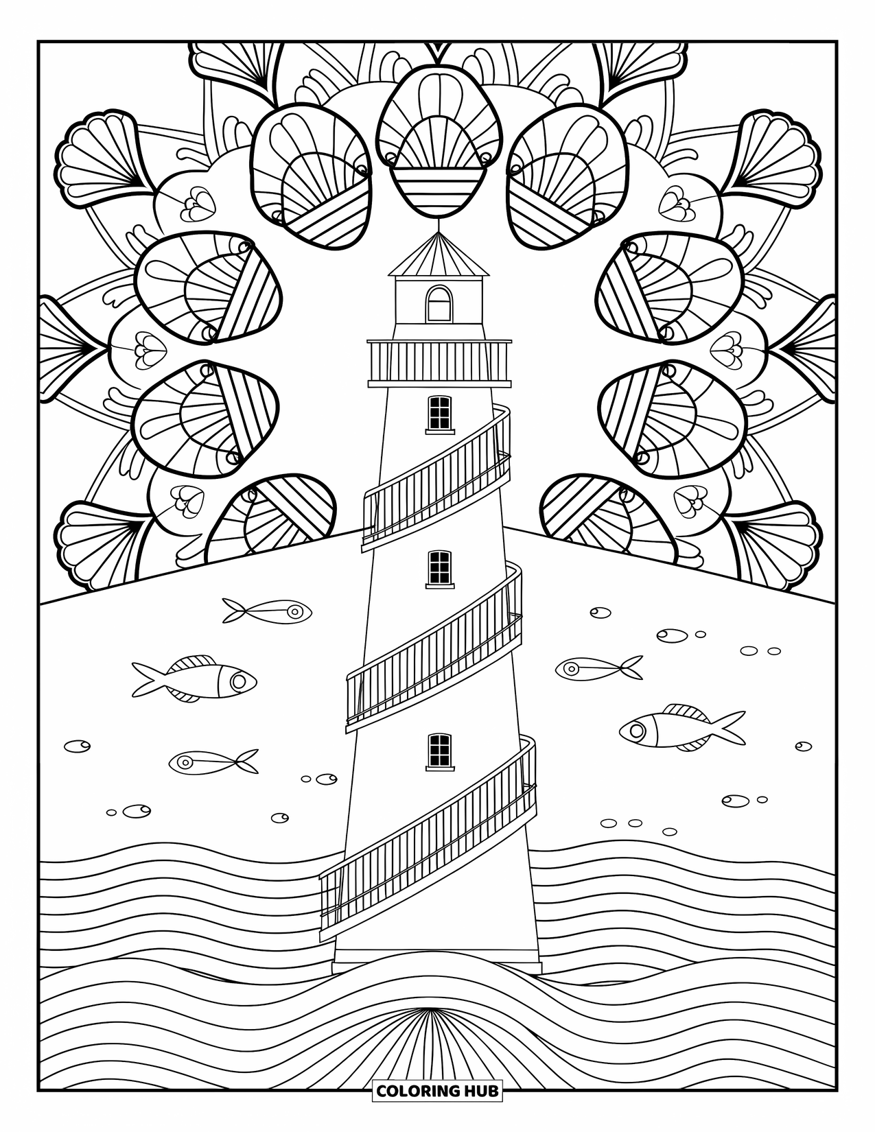 Lighthouse Coloring Page for Adults: A lighthouse with a spiral staircase stands amid a detailed mandala of ocean-inspired designs