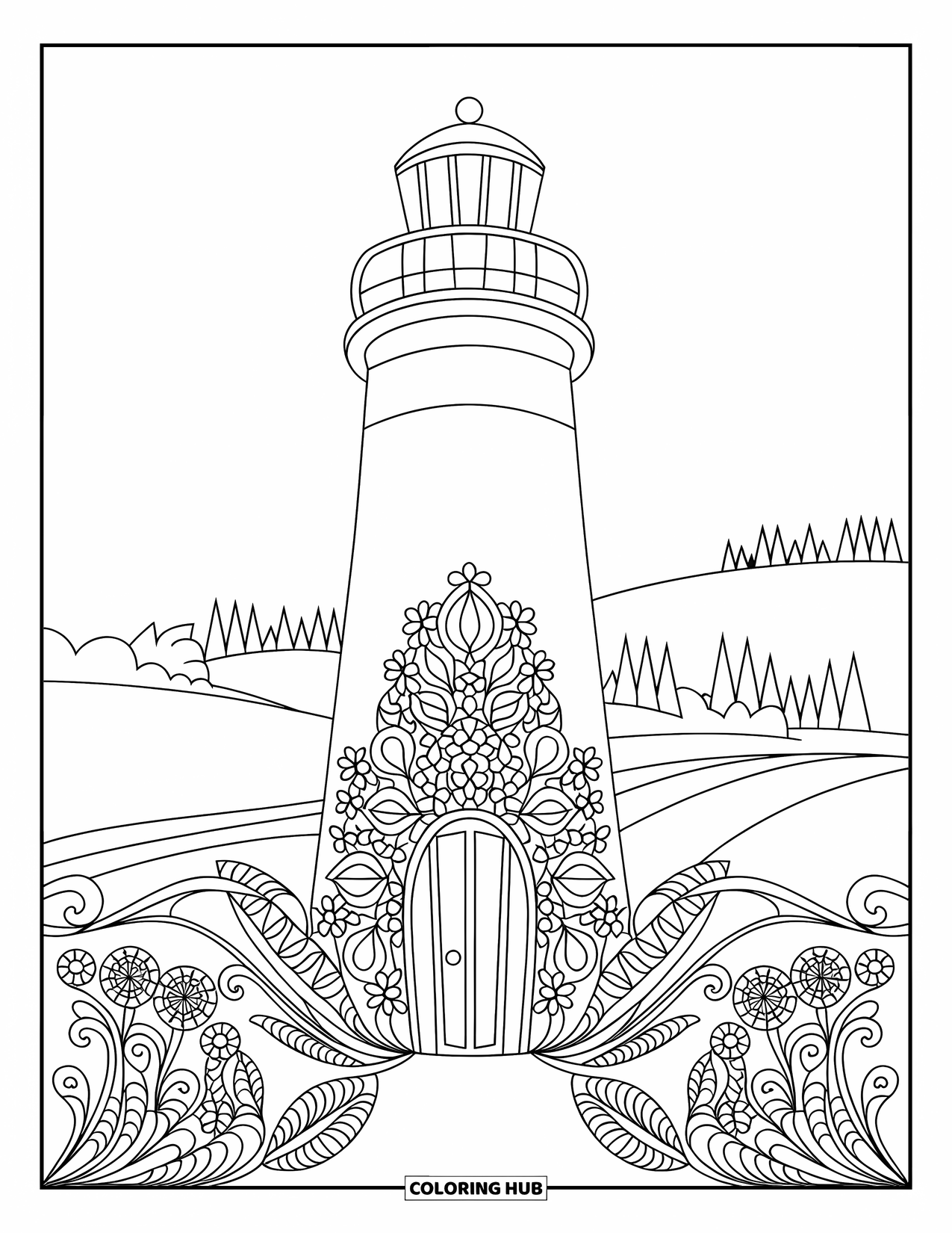 Lighthouse Coloring Page for Adults: A lighthouse with decorative floral elements stands on a hill surrounded by trees and water