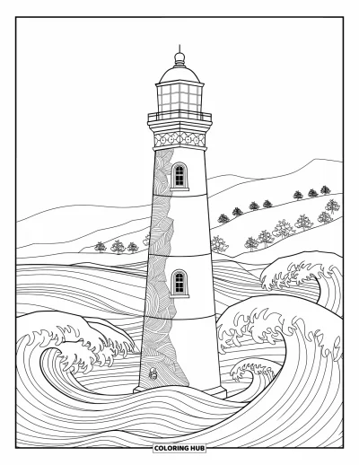 Coloriage de phare pour adultes : Un phare avec des motifs décoratifs se dresse haut, entouré de vagues stylisées et de nuages ​​doux