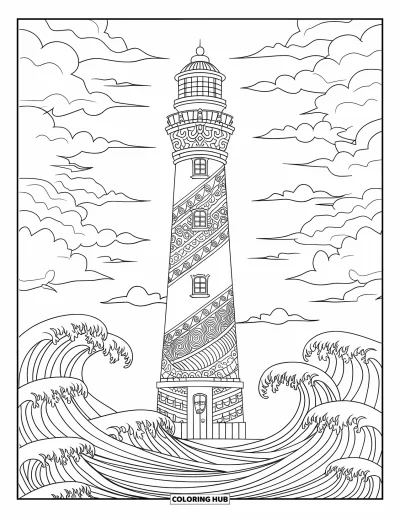 Coloriage de phare pour adultes : Un phare avec des motifs détaillés sur ses murs se dresse au milieu de vagues tourbillonnantes