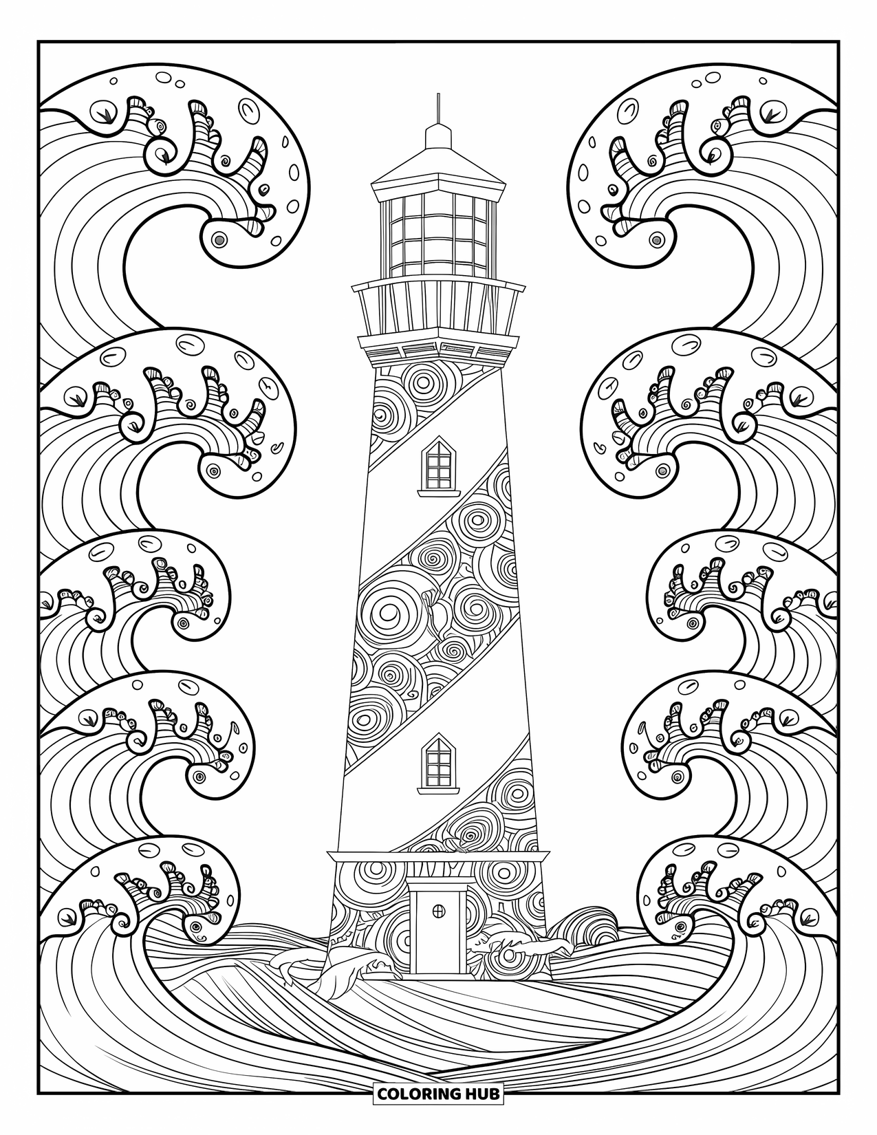 Lighthouse Coloring Page for Adults: A lighthouse with intricate patterns rises above rolling ocean waves under a cloudy sky