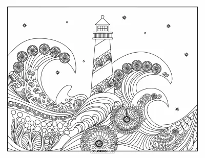 Coloriage de phare pour adultes : Un phare avec des motifs de vagues complexes se dresse sur un ciel clair parsemé d'étoiles