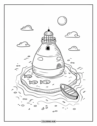 Coloriage de phare pour adultes : Un phare arrondi repose sur une île flottante, avec des poissons curieux jetant un coup d'œil au-dessus des douces vagues