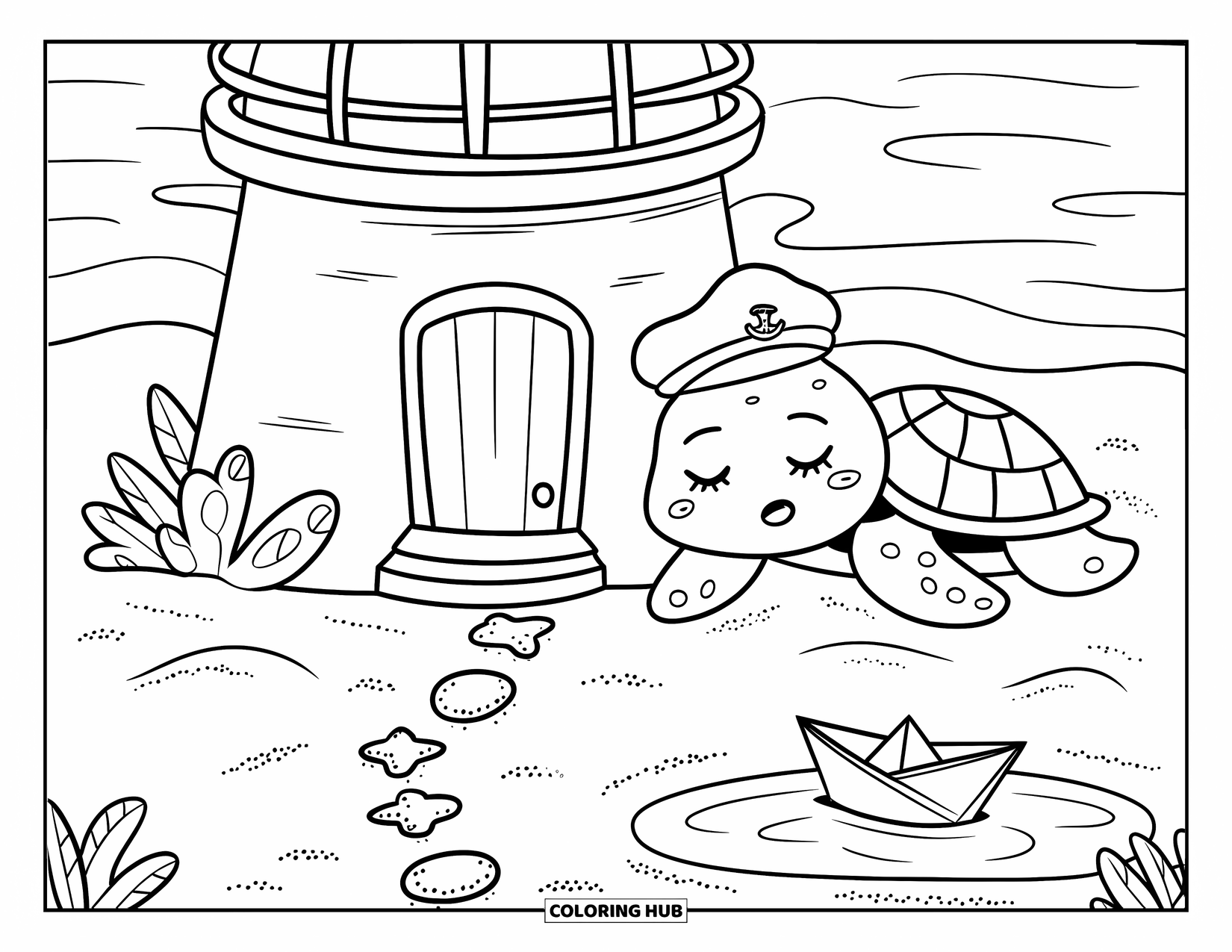 Lighthouse Coloring Page for Adults: A rounded lighthouse sits on a sandy shore beside a sleepy sea turtle in a sailor hat