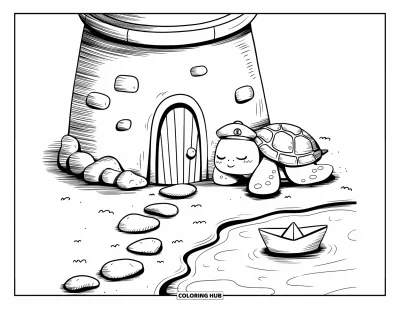 Coloriage de phare pour adultes : Un petit phare se dresse sur le rivage, avec une tortue de mer endormie se reposant à proximité