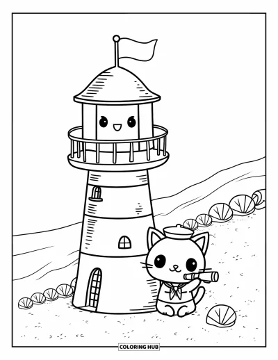 Coloriage de phare pour adultes : Un minuscule chat marin est assis près d'un phare, regardant à travers un télescope vers la mer ouverte