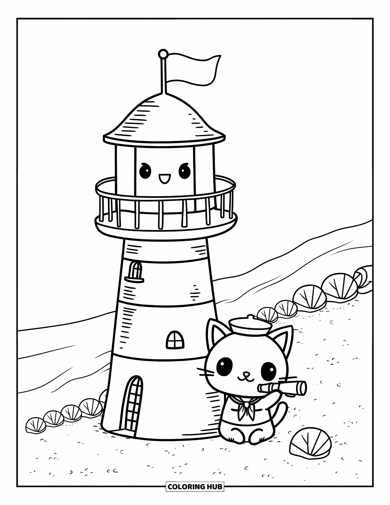 Lighthouse Coloring Page for Adults: A tiny sailor cat sits by a lighthouse, peering through a telescope at the open sea