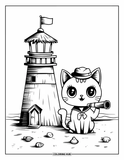 Coloriage de phare pour adultes : Un minuscule chat marin regarde la mer à travers un télescope à côté d'un phare agitant un petit drapeau