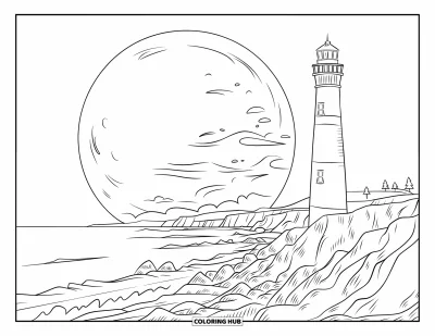 Coloriage de phare pour enfants : Une lune brillante se lève derrière le phare, projetant de la lumière sur les vagues qui se brisent contre le rivage