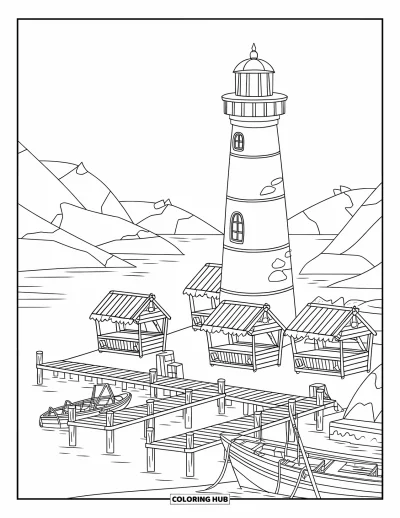 Coloriage de phare pour enfants : Un port animé entoure le phare, avec des quais en bois et des étals de marché colorés
