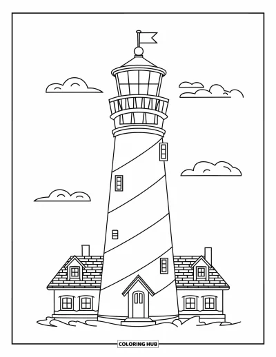 Coloriage de phare pour enfants : Un phare classique avec des rayures en spirale se dresse haut, un drapeau flottant à son sommet