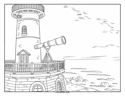 Coloriage de phare pour enfants : Un phare cylindrique avec un balcon en bois et un télescope fait face au vaste océan ouvert