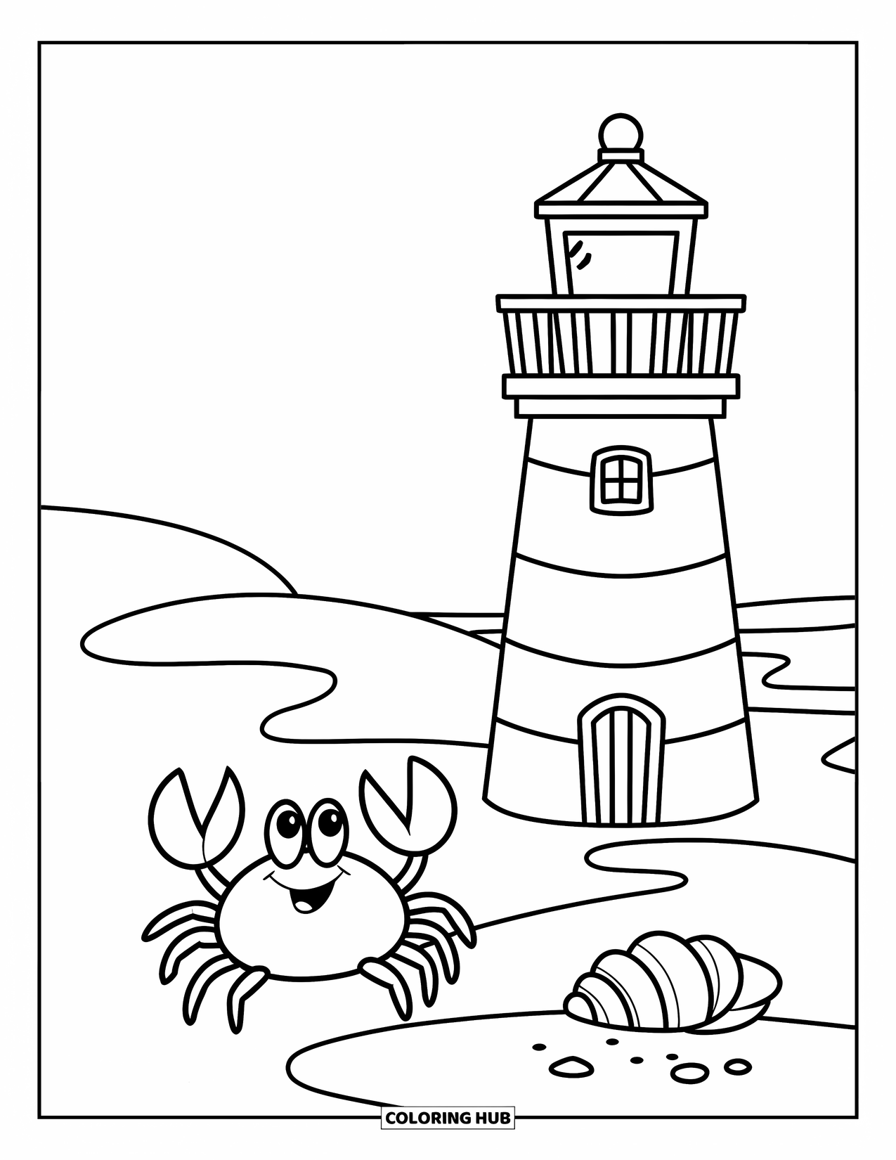 Lighthouse Coloring Page for Kids: A lighthouse by the beach watches over a crab and seashell resting in the sand