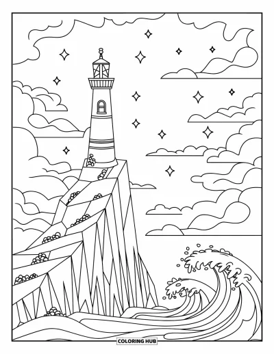 Coloriage de phare pour enfants : Un phare s'accroche à une falaise déchiquetée alors que des vagues massives s'écrasent contre la côte rocheuse
